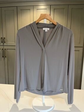 Calvin Klein Gray Taupe V-Neck Long Sleeve Blouse